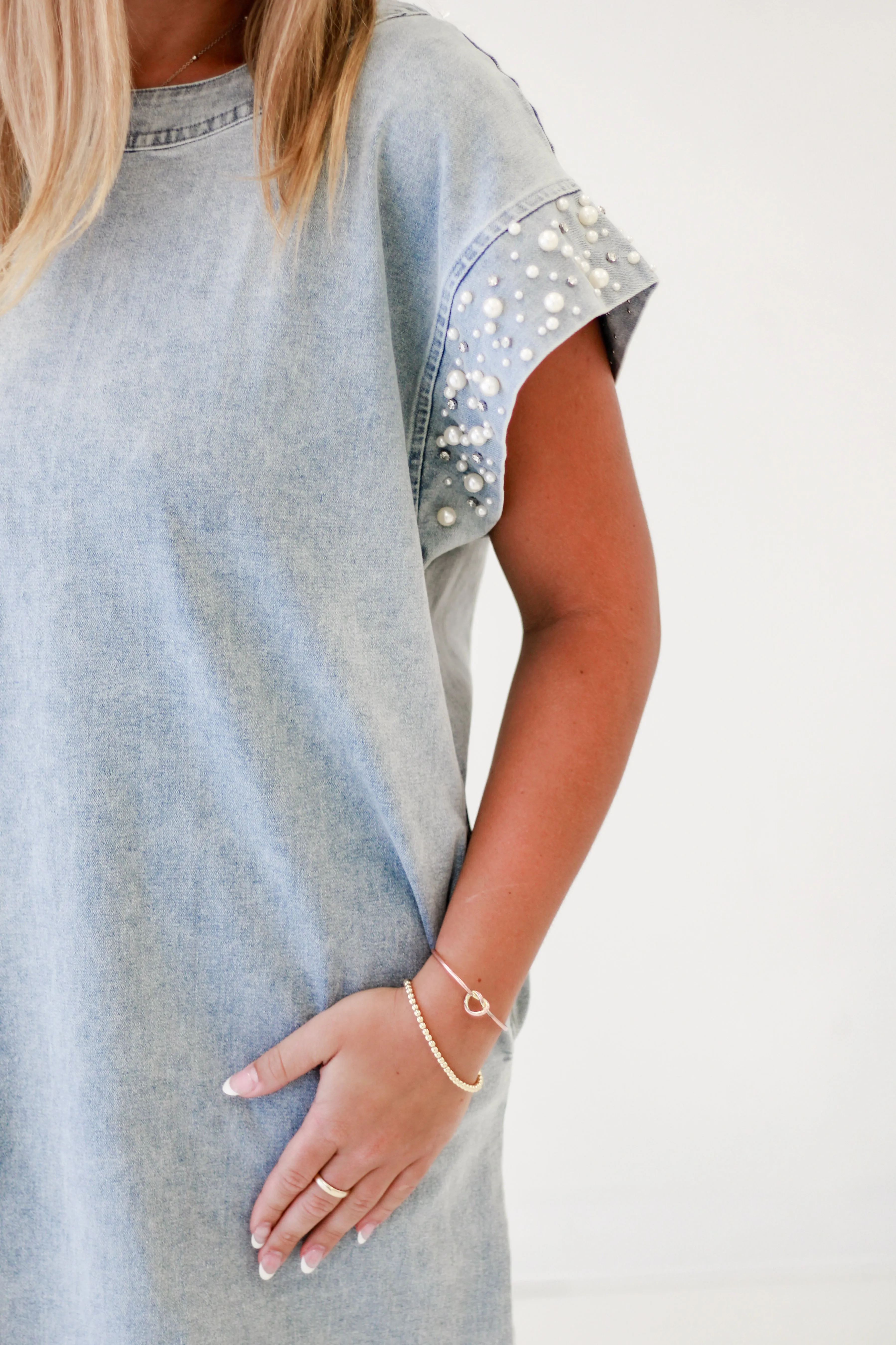 Pearl-Embellished Cuff Denim Dress in Lt Blue