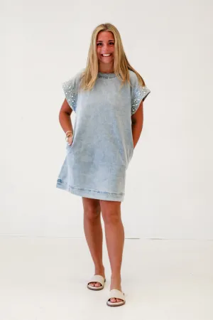 Pearl-Embellished Cuff Denim Dress in Lt Blue