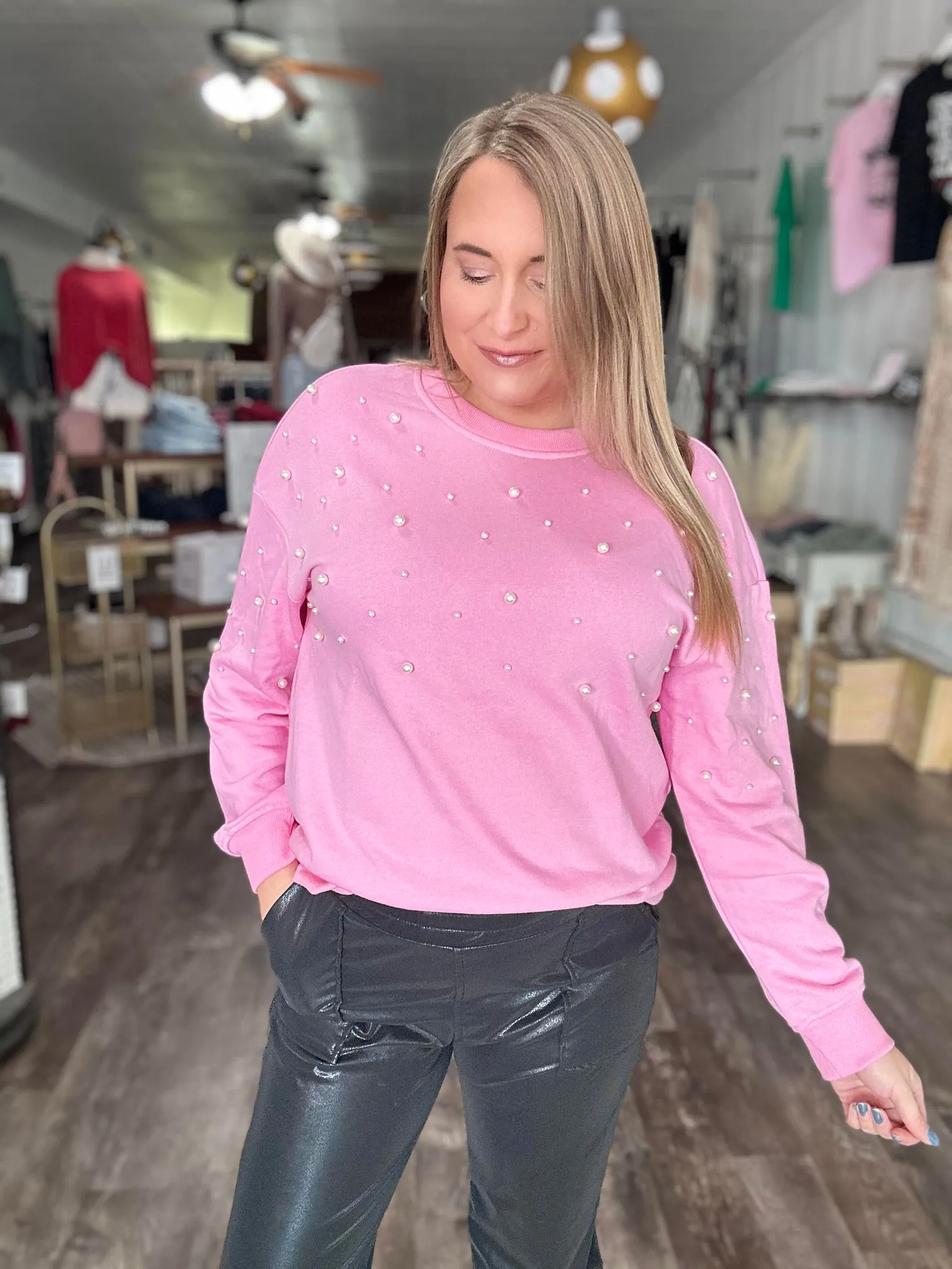 Pearl Embossed Pink Crewneck