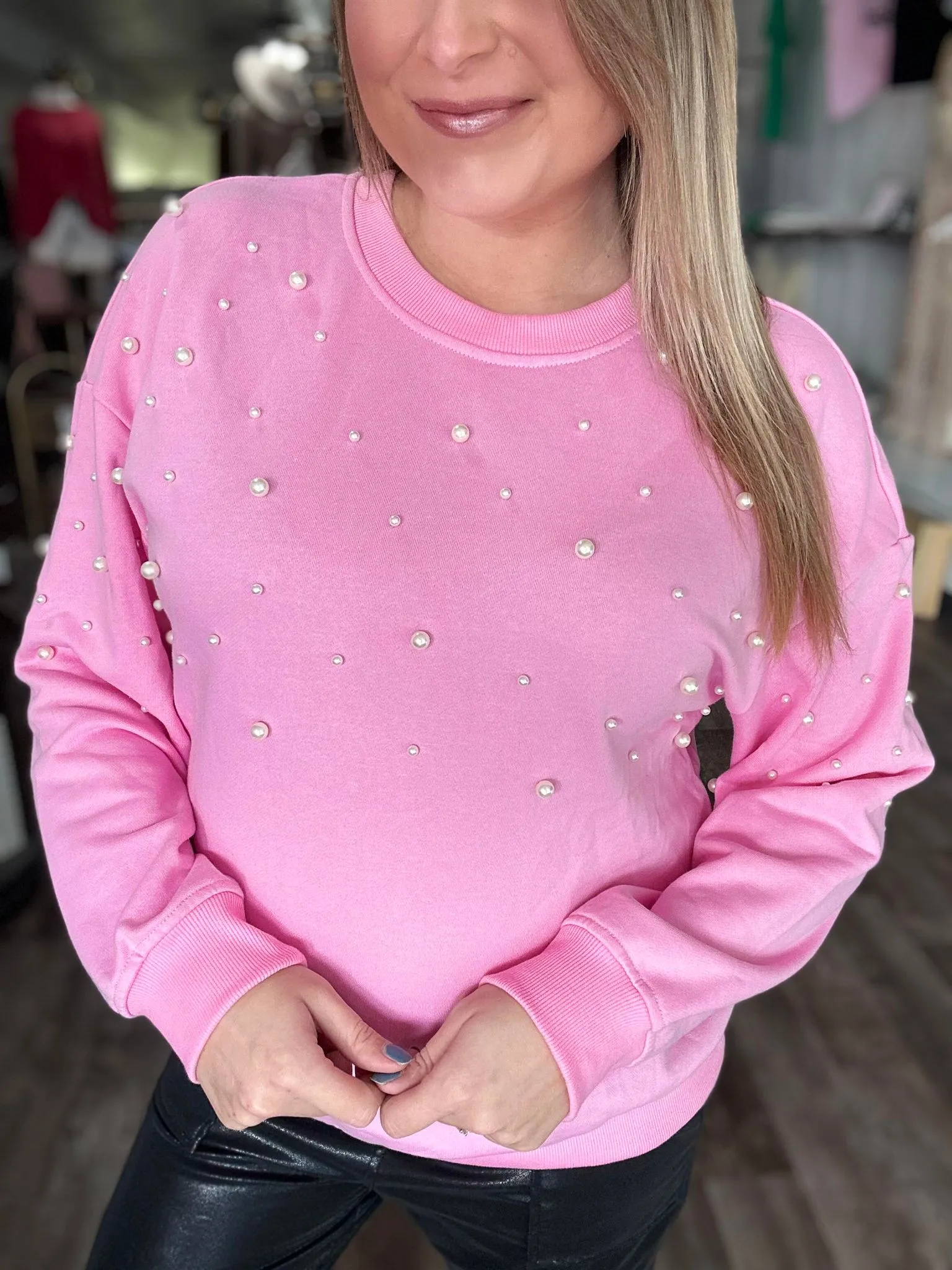 Pearl Embossed Pink Crewneck