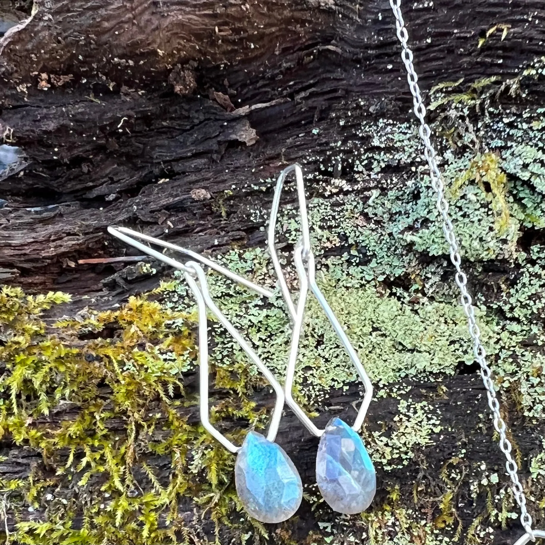 Pentagonal Drop Earrings Handmade with Rainbow Moonstone