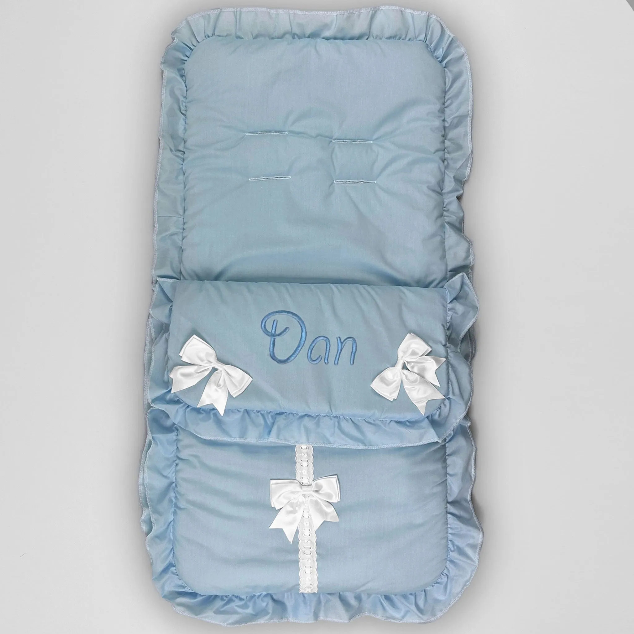 Personalised Blue Cosy Toes / Footmuff - With White Bows