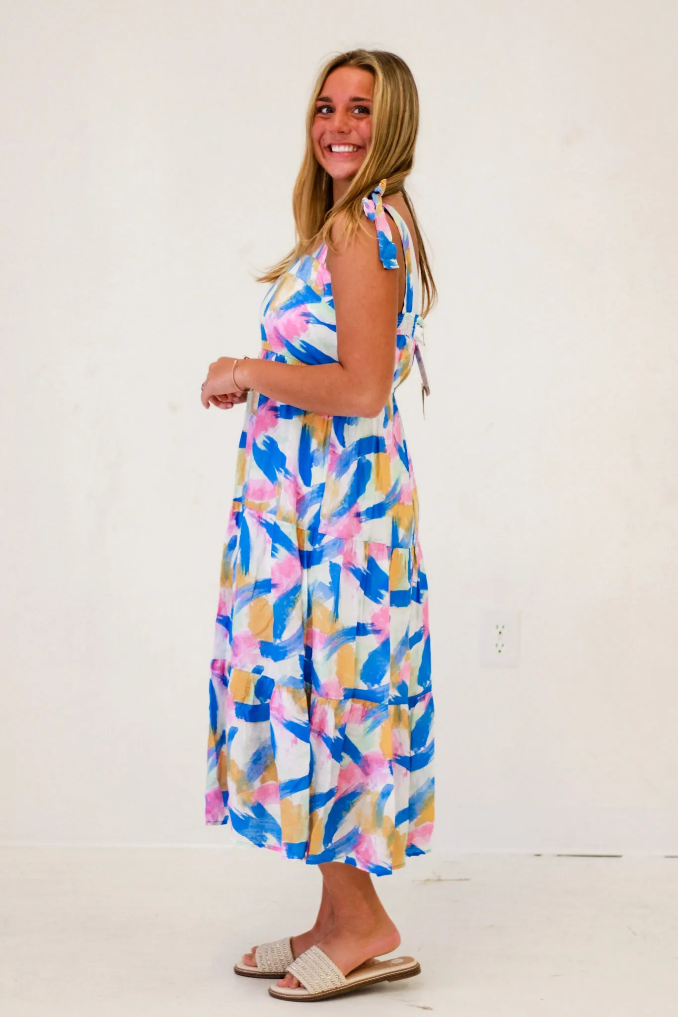 Picnic Perfection Print Tiered Midi Dress in Blue Multi