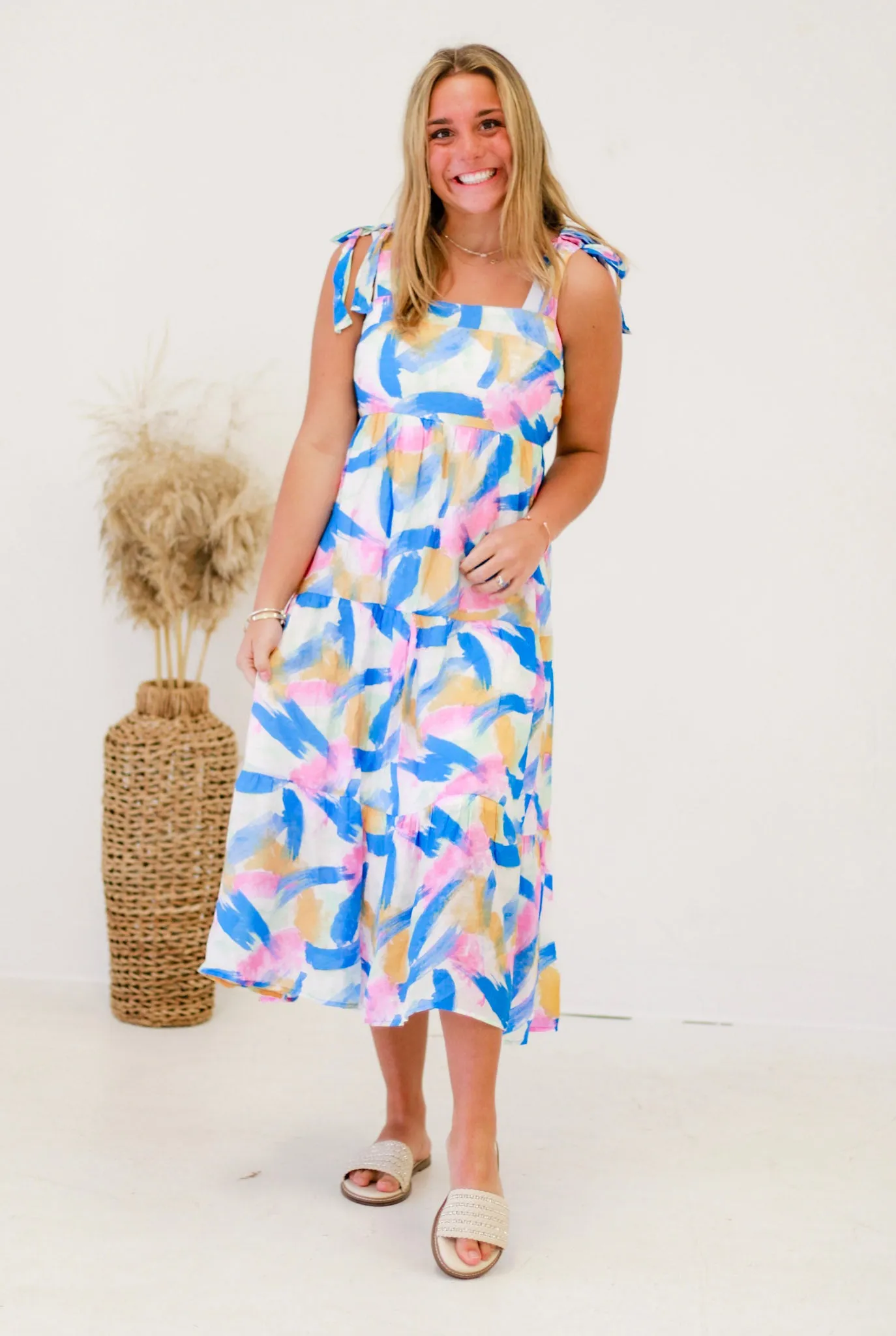 Picnic Perfection Print Tiered Midi Dress in Blue Multi