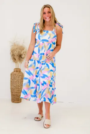 Picnic Perfection Print Tiered Midi Dress in Blue Multi