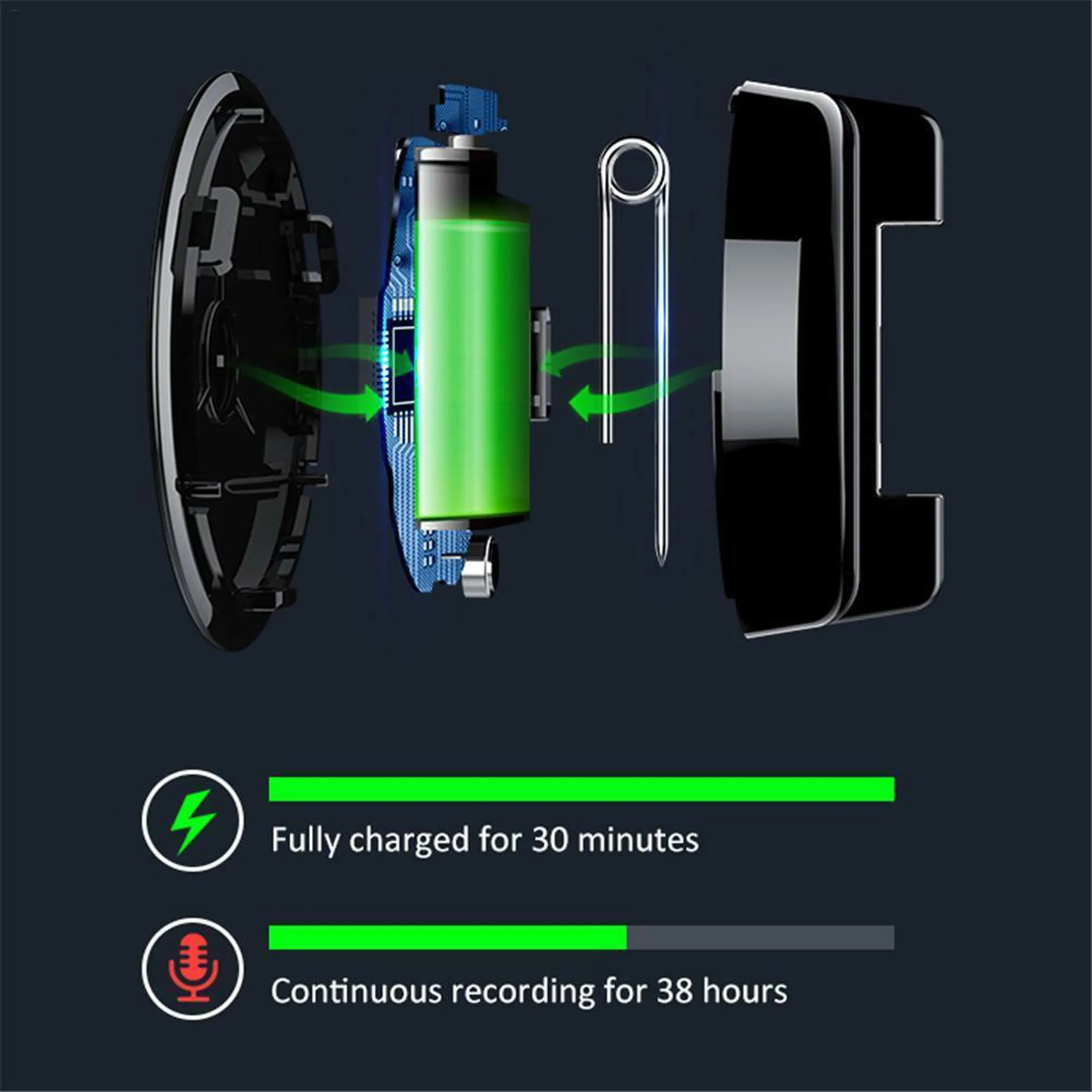Pin / Badge / Brooch Spy Audio Voice Recorder Covert Sound Activated 38 Hour Battery 192Kbps HQ .WAV