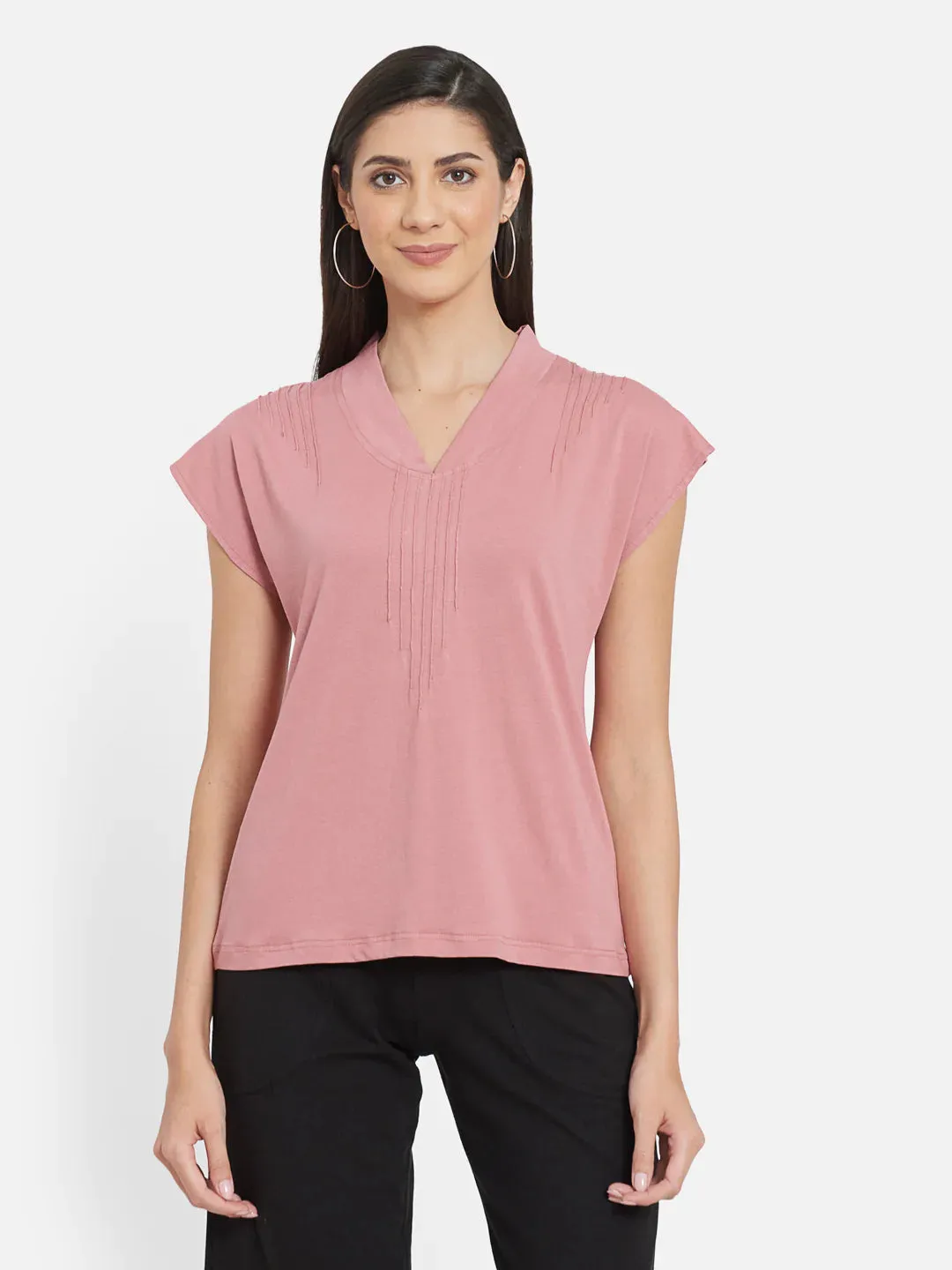 PIN TUCKED DETAILED TOP WITH olid Black Mid Calf Length Patched Pocket Pants For Women