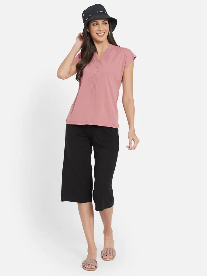 PIN TUCKED DETAILED TOP WITH olid Black Mid Calf Length Patched Pocket Pants For Women
