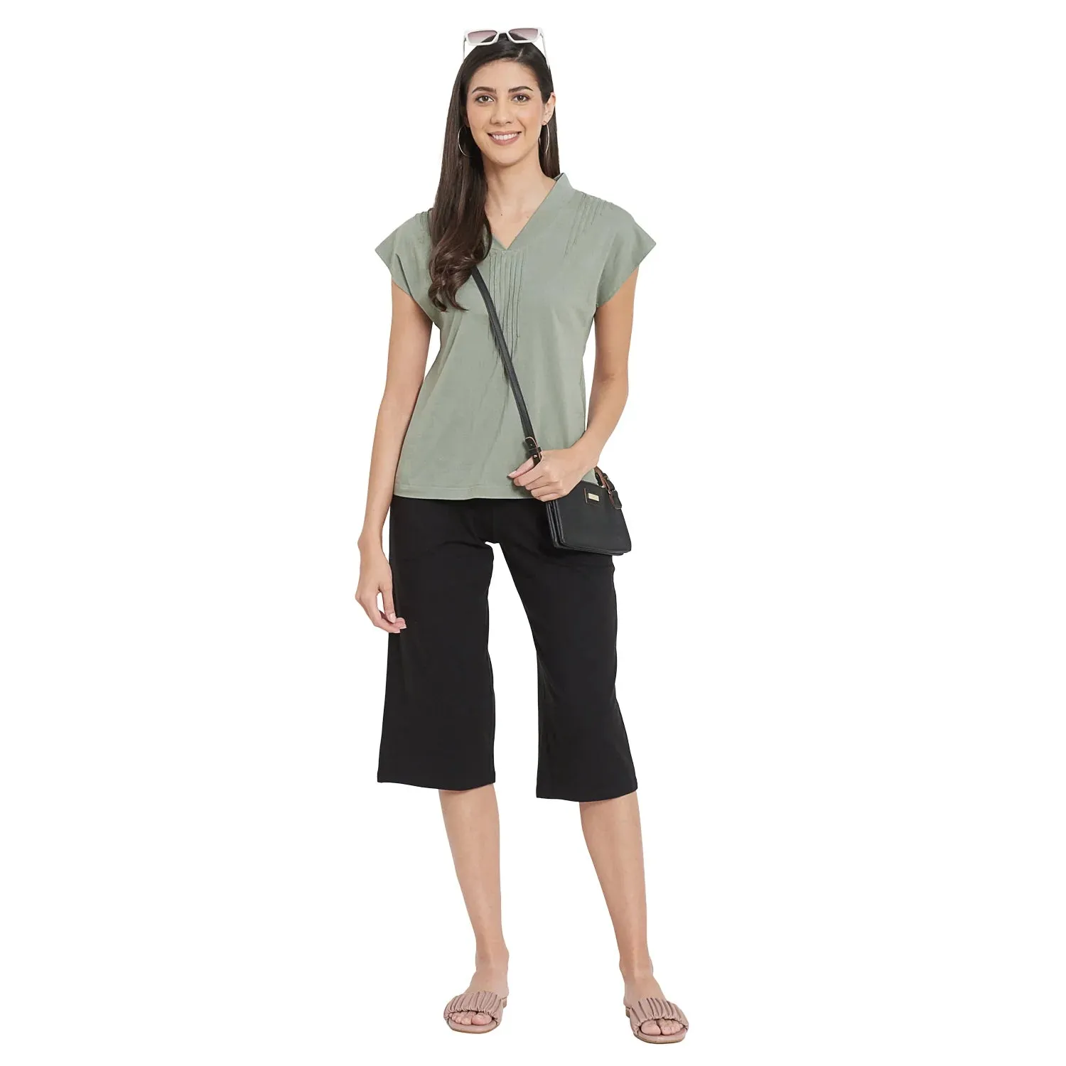 PIN TUCKED DETAILED TOP WITH olid Black Mid Calf Length Patched Pocket Pants For Women