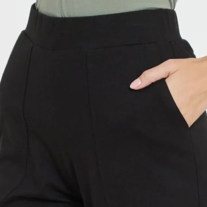 PIN TUCKED DETAILED TOP WITH olid Black Mid Calf Length Patched Pocket Pants For Women
