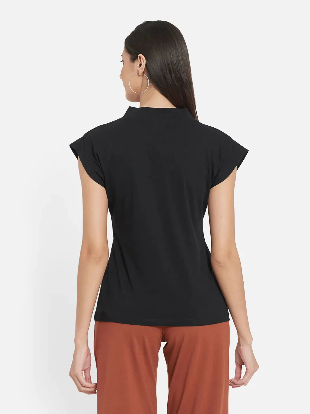 PIN TUCKED DETAILED TOP WITH olid Black Mid Calf Length Patched Pocket Pants For Women