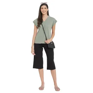 PIN TUCKED DETAILED TOP WITH olid Black Mid Calf Length Patched Pocket Pants For Women