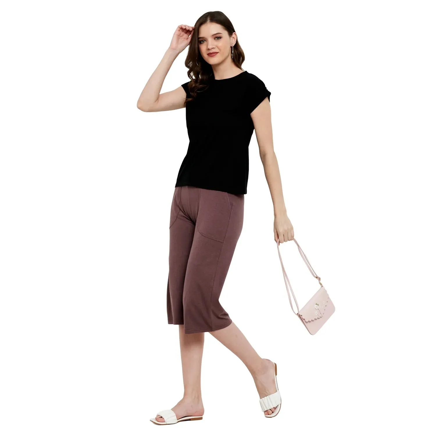 PIN TUCKED DETAILED TOP WITH olid Black Mid Calf Length Patched Pocket Pants For Women