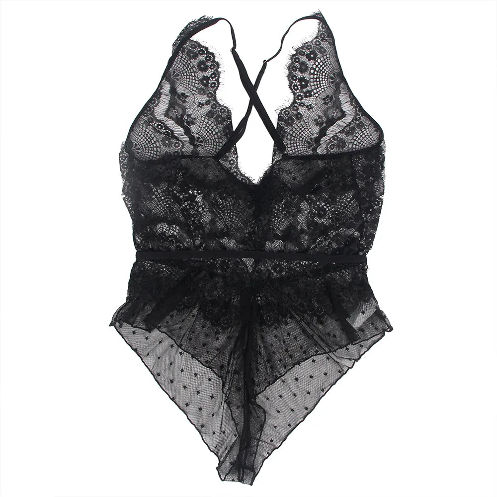 Pink & Black Lace Floral Deep V Neck Sheer Teddy Lingerie With Farawlaya