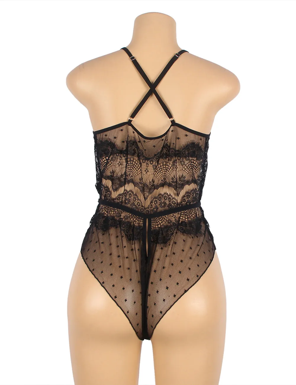 Pink & Black Lace Floral Deep V Neck Sheer Teddy Lingerie With Farawlaya