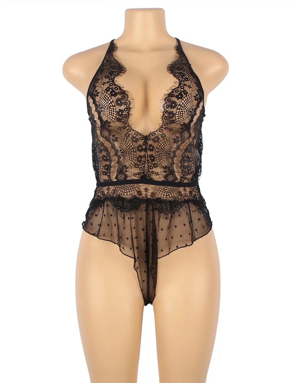 Pink & Black Lace Floral Deep V Neck Sheer Teddy Lingerie With Farawlaya