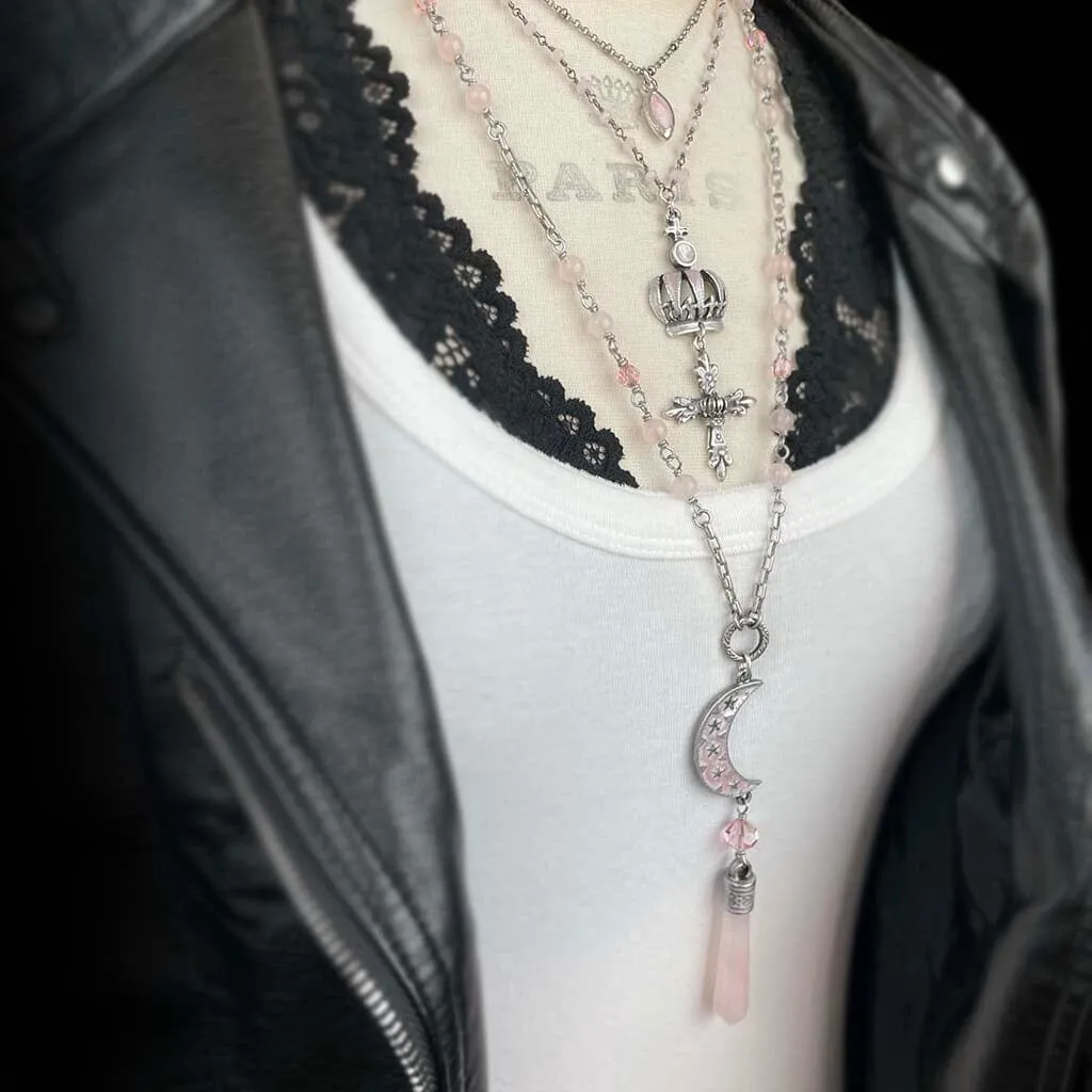 Pink Crown Rosary Necklace