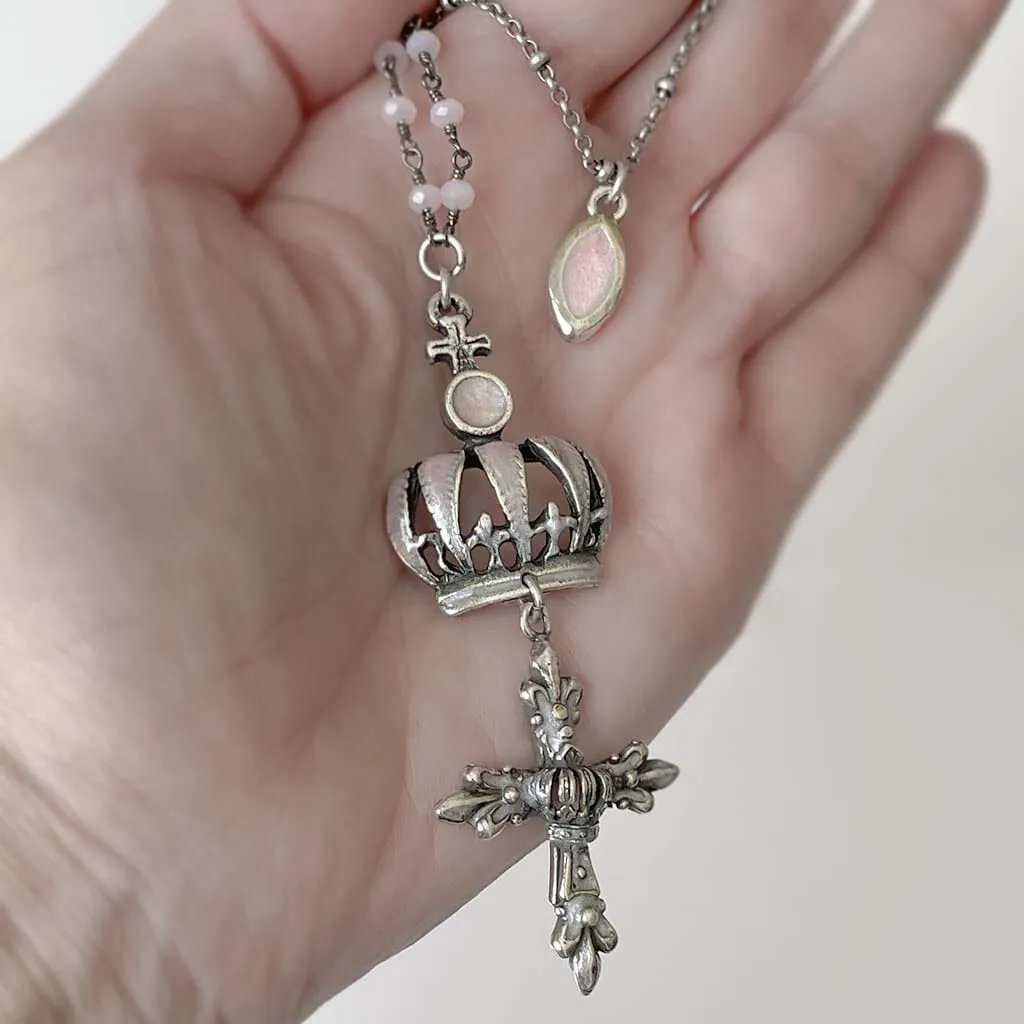 Pink Crown Rosary Necklace
