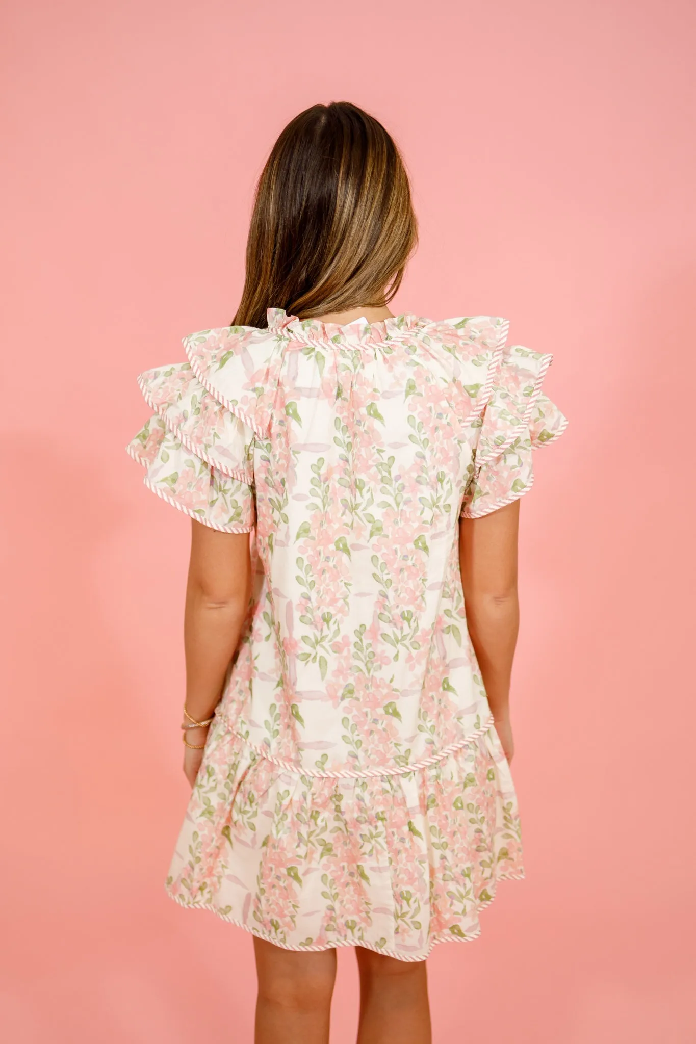 Pink Floral Stripe Trim Dress