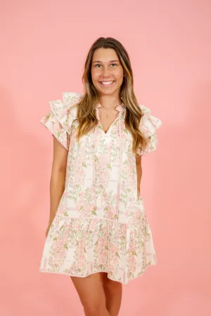 Pink Floral Stripe Trim Dress
