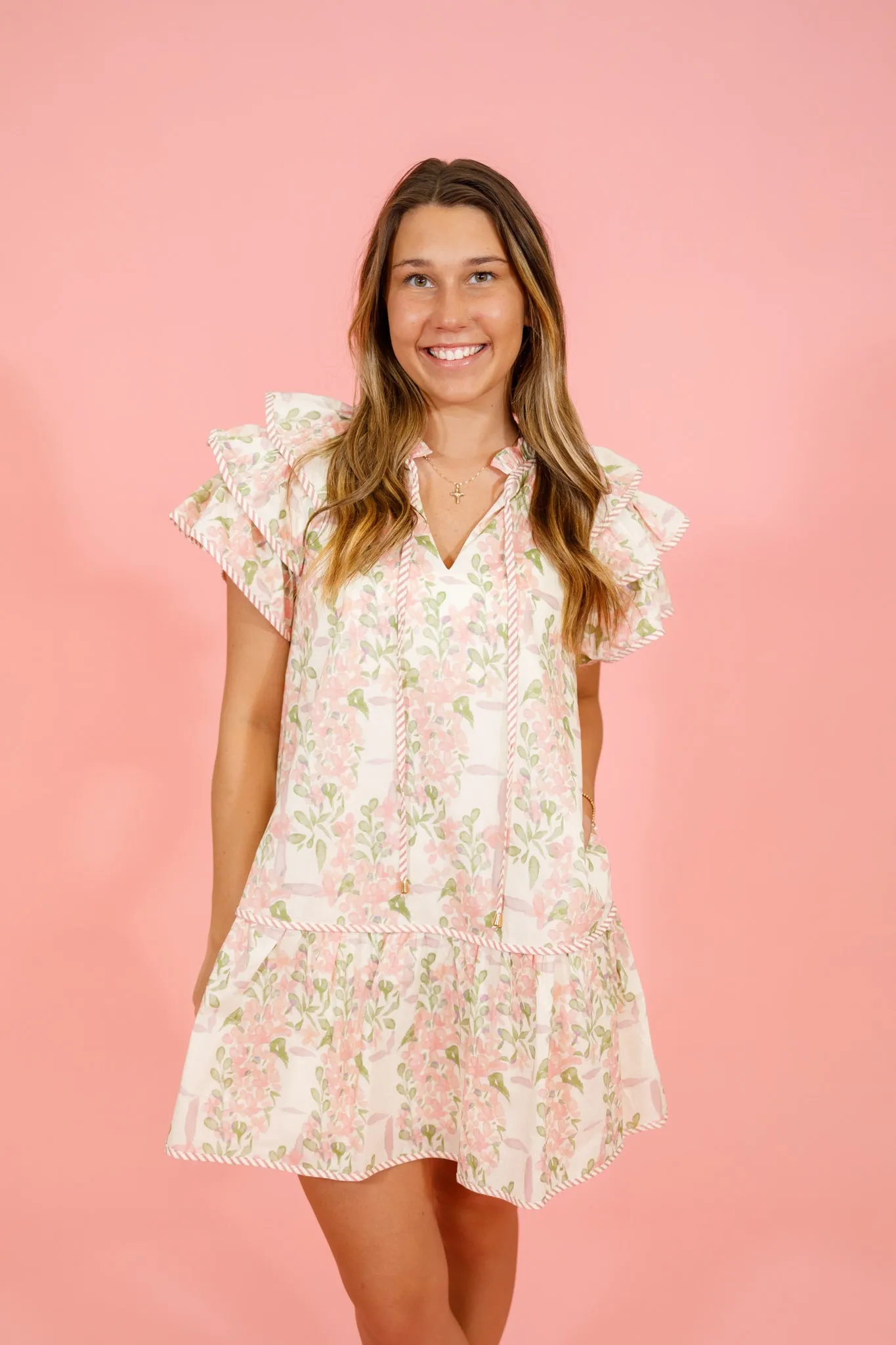 Pink Floral Stripe Trim Dress