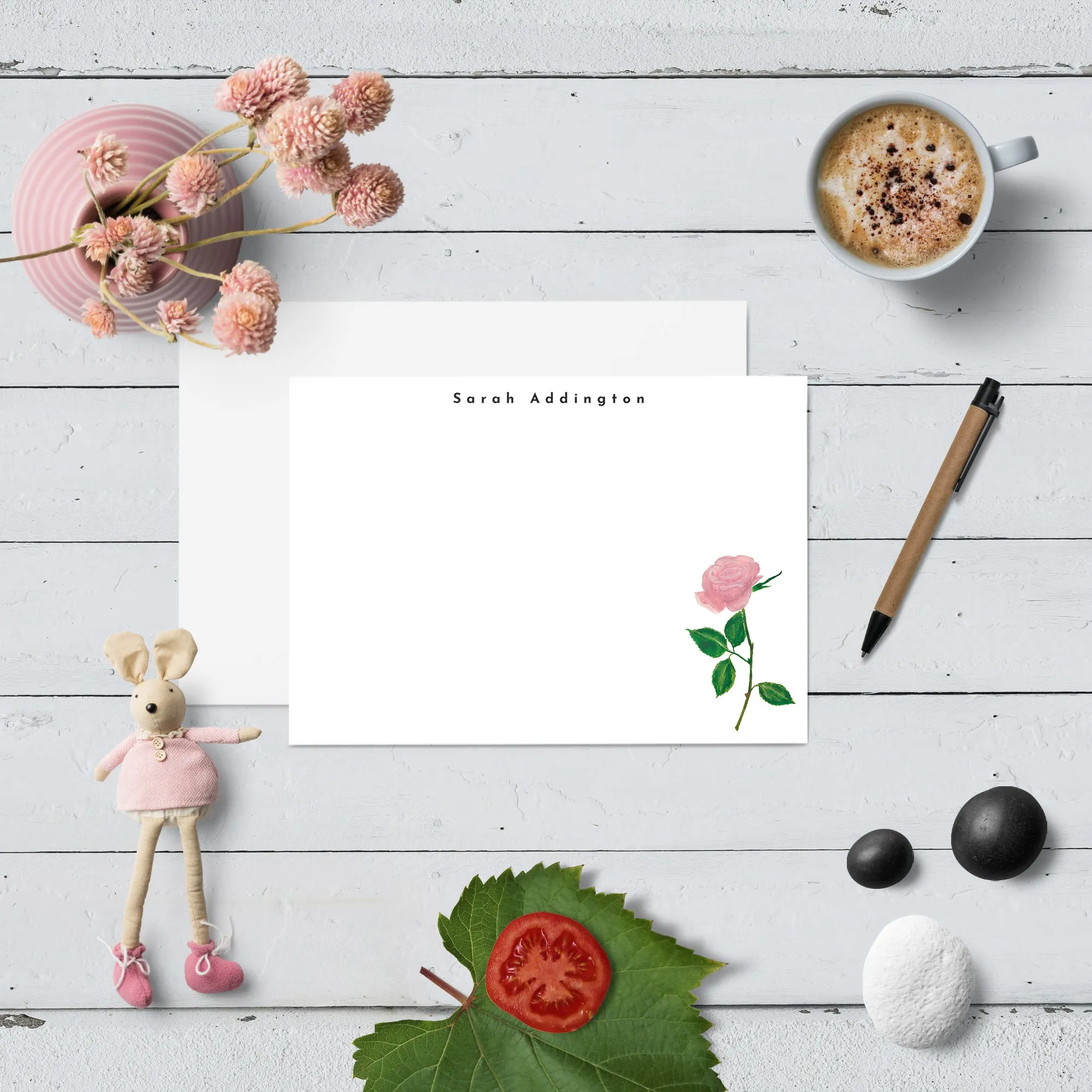 Pink Rose Personalised Flat Notecard Set