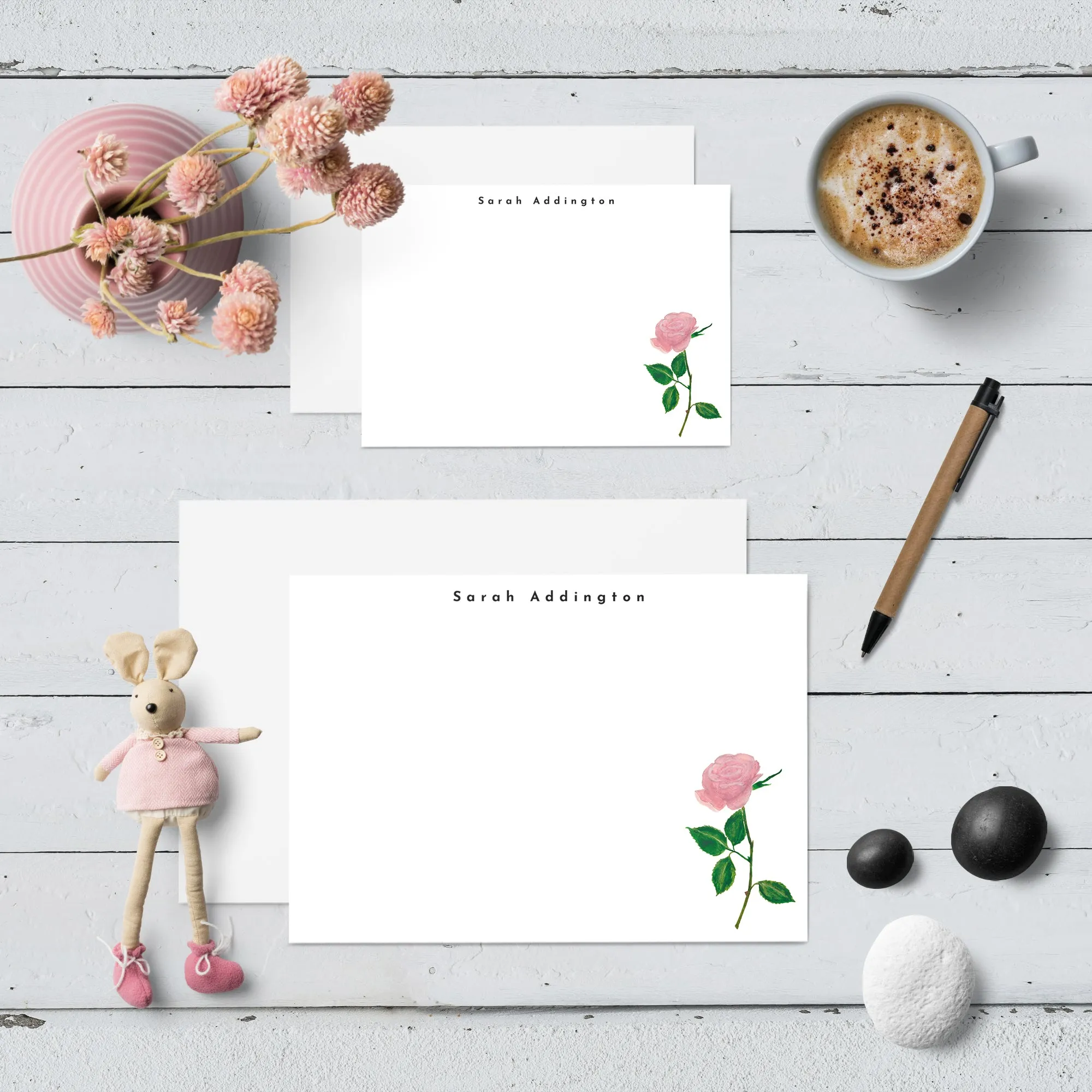 Pink Rose Personalised Flat Notecard Set