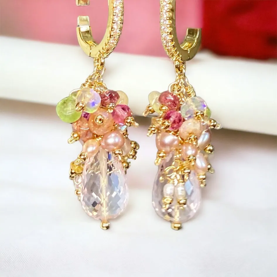 Pink Rose Quartz Briolette Multi Gemstone Cluster Earrings Gold Fill