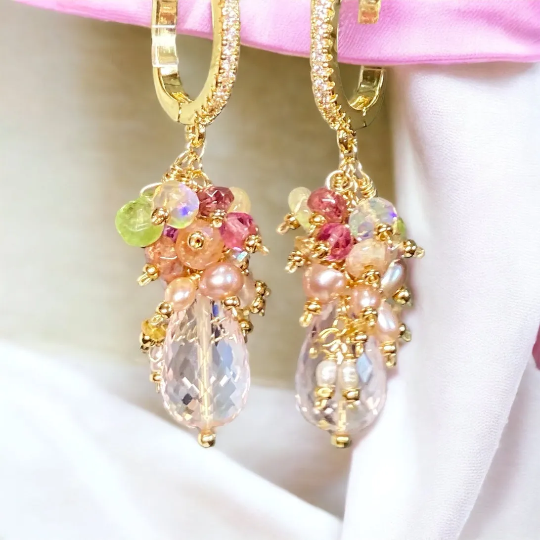Pink Rose Quartz Briolette Multi Gemstone Cluster Earrings Gold Fill