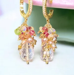 Pink Rose Quartz Briolette Multi Gemstone Cluster Earrings Gold Fill