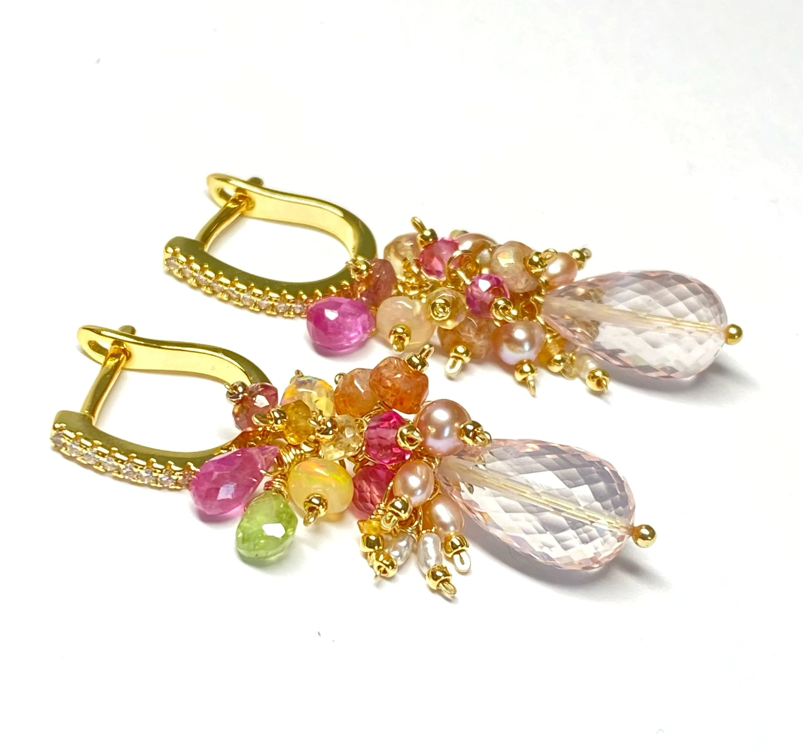 Pink Rose Quartz Briolette Multi Gemstone Cluster Earrings Gold Fill