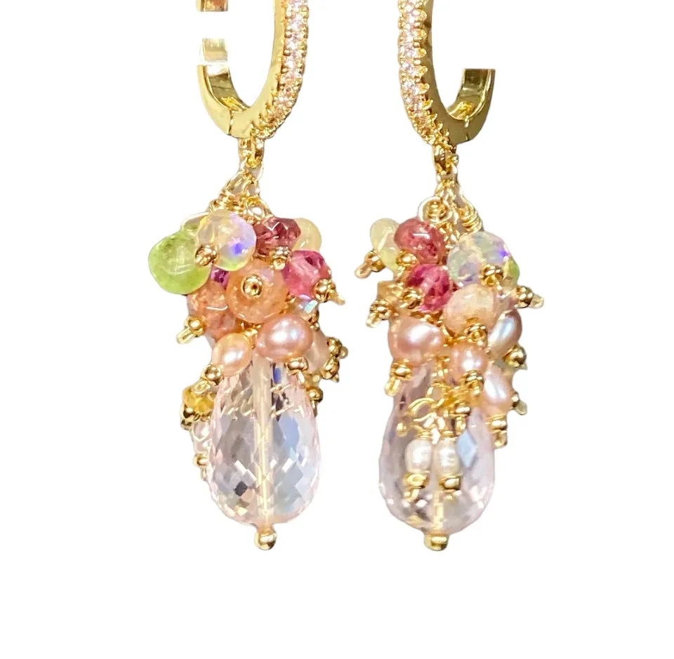 Pink Rose Quartz Briolette Multi Gemstone Cluster Earrings Gold Fill