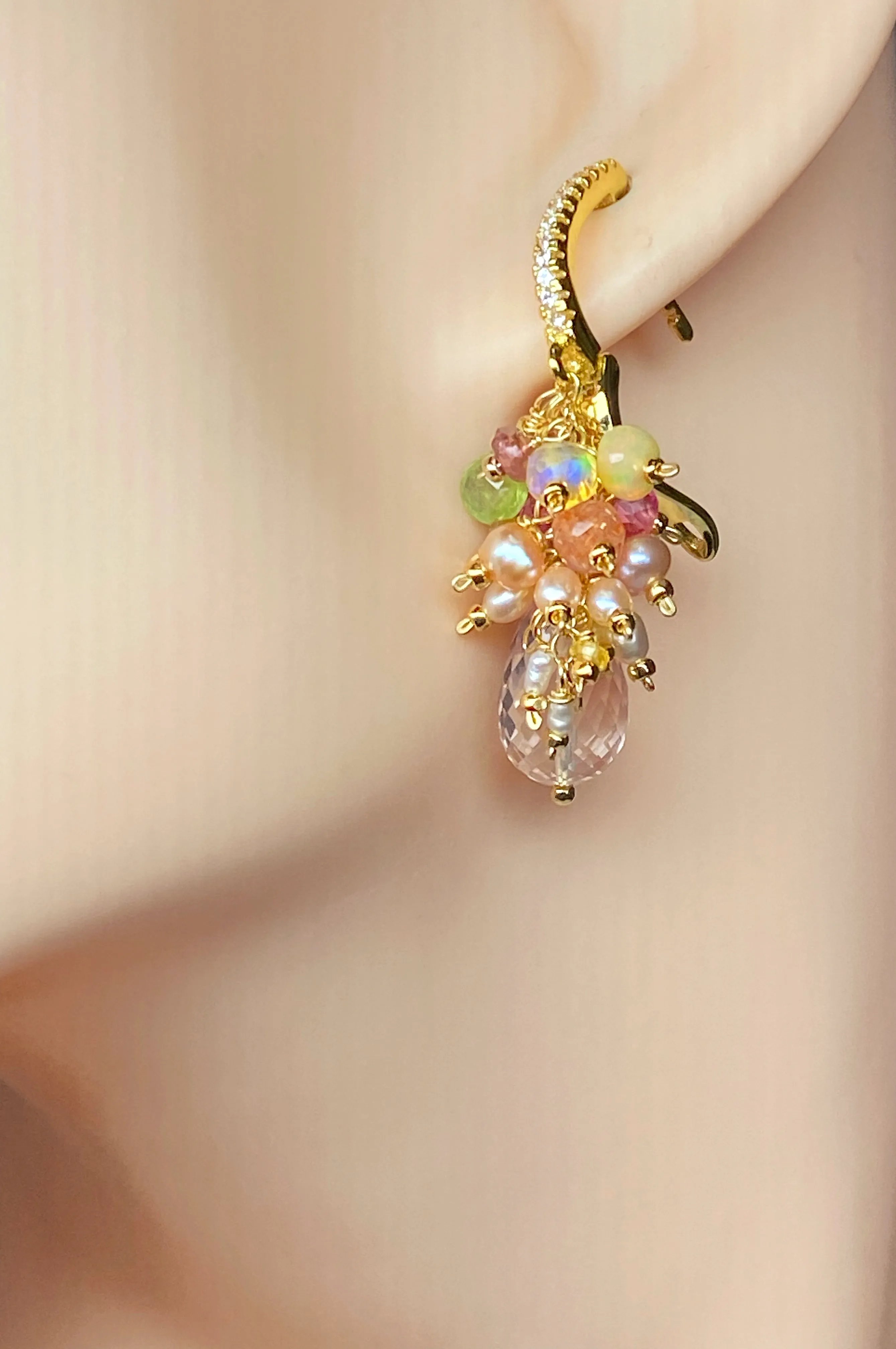 Pink Rose Quartz Briolette Multi Gemstone Cluster Earrings Gold Fill