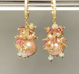 Pink Round Pearl and Gem Cluster Wedding Earrings with Tsavorite