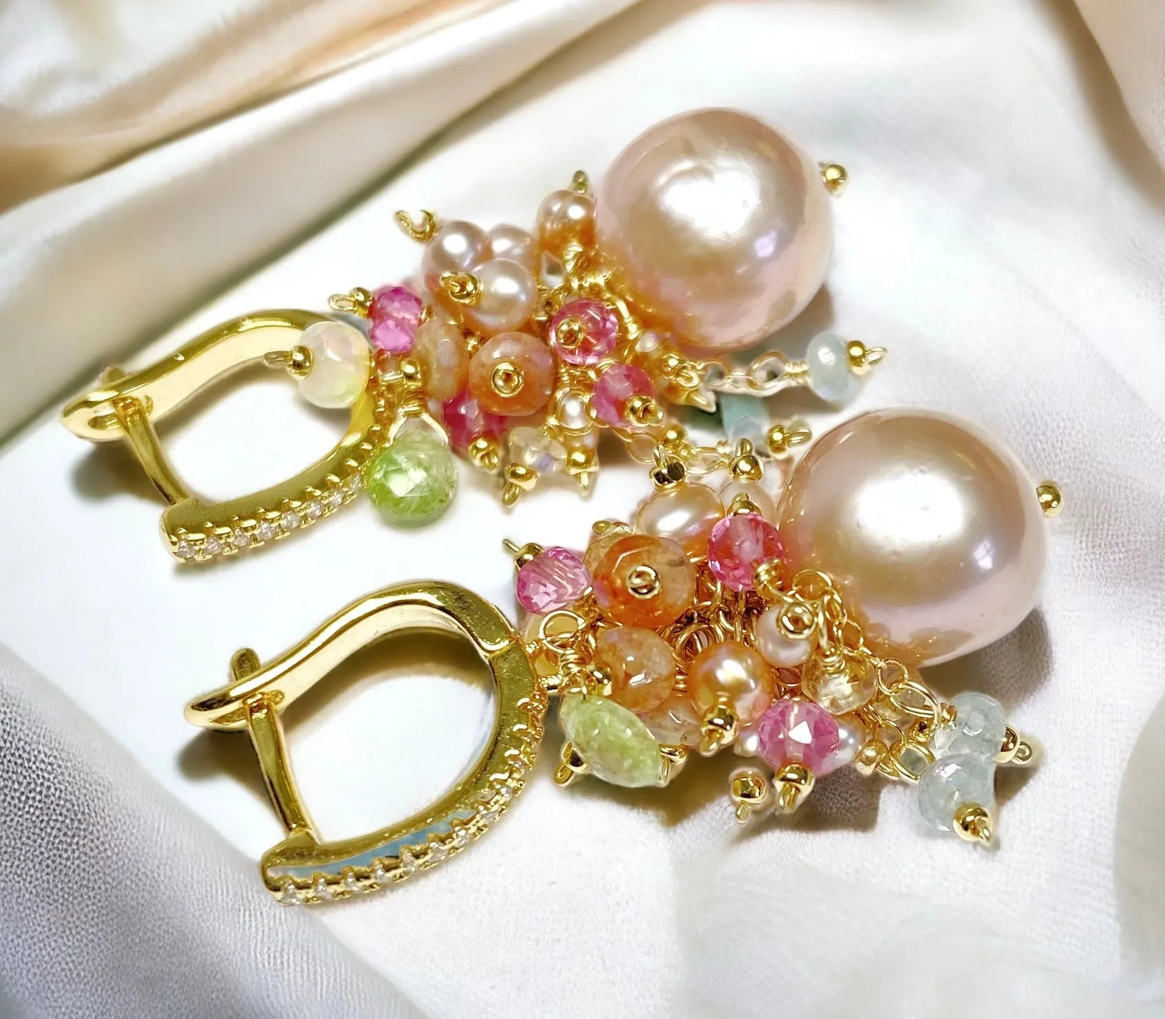 Pink Round Pearl and Gem Cluster Wedding Earrings with Tsavorite