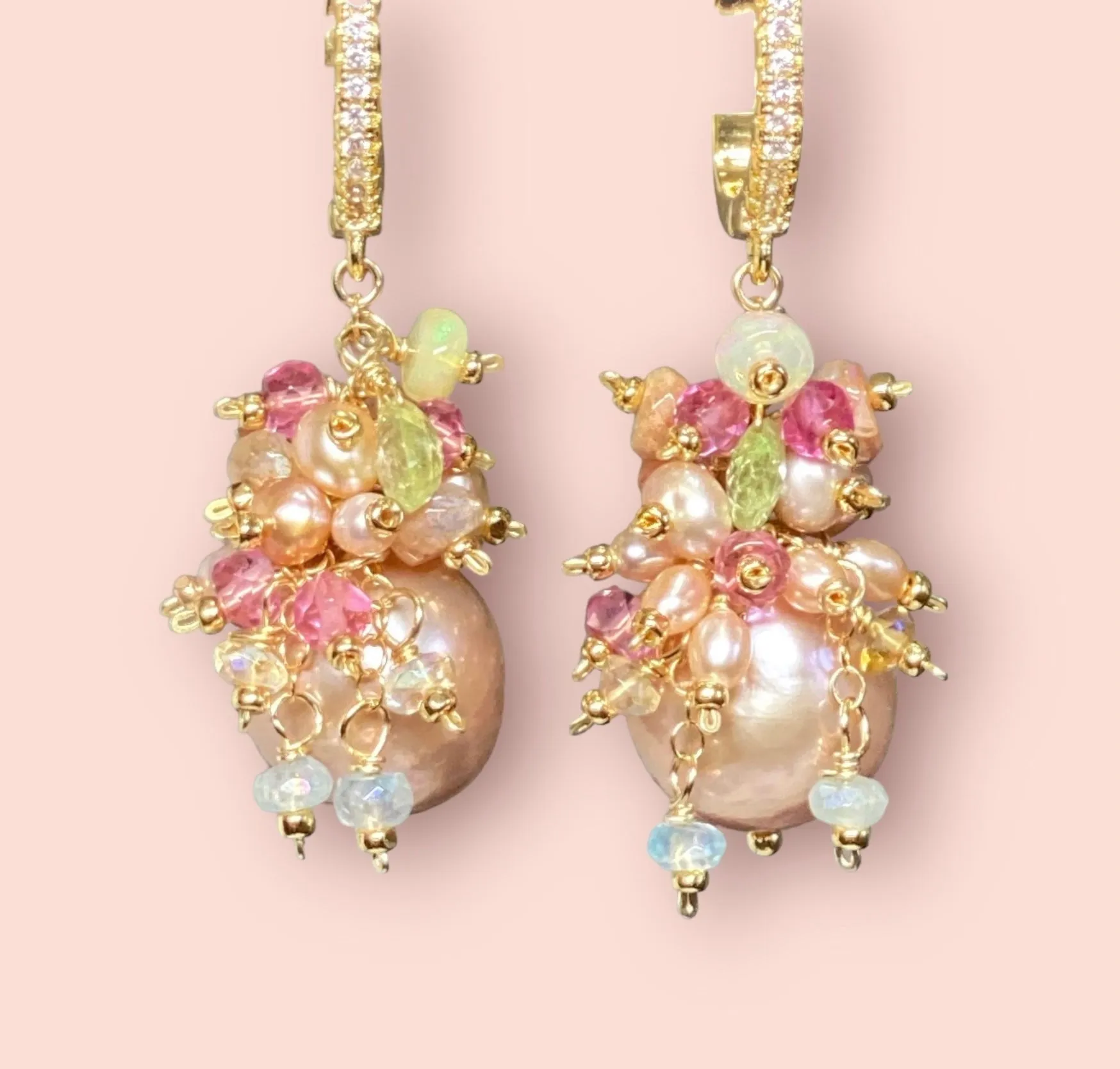 Pink Round Pearl and Gem Cluster Wedding Earrings with Tsavorite