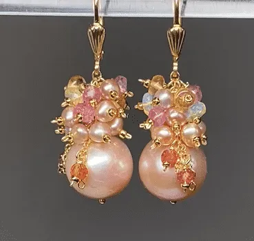 Pink Round Pearl and Gem Cluster Wedding Earrings