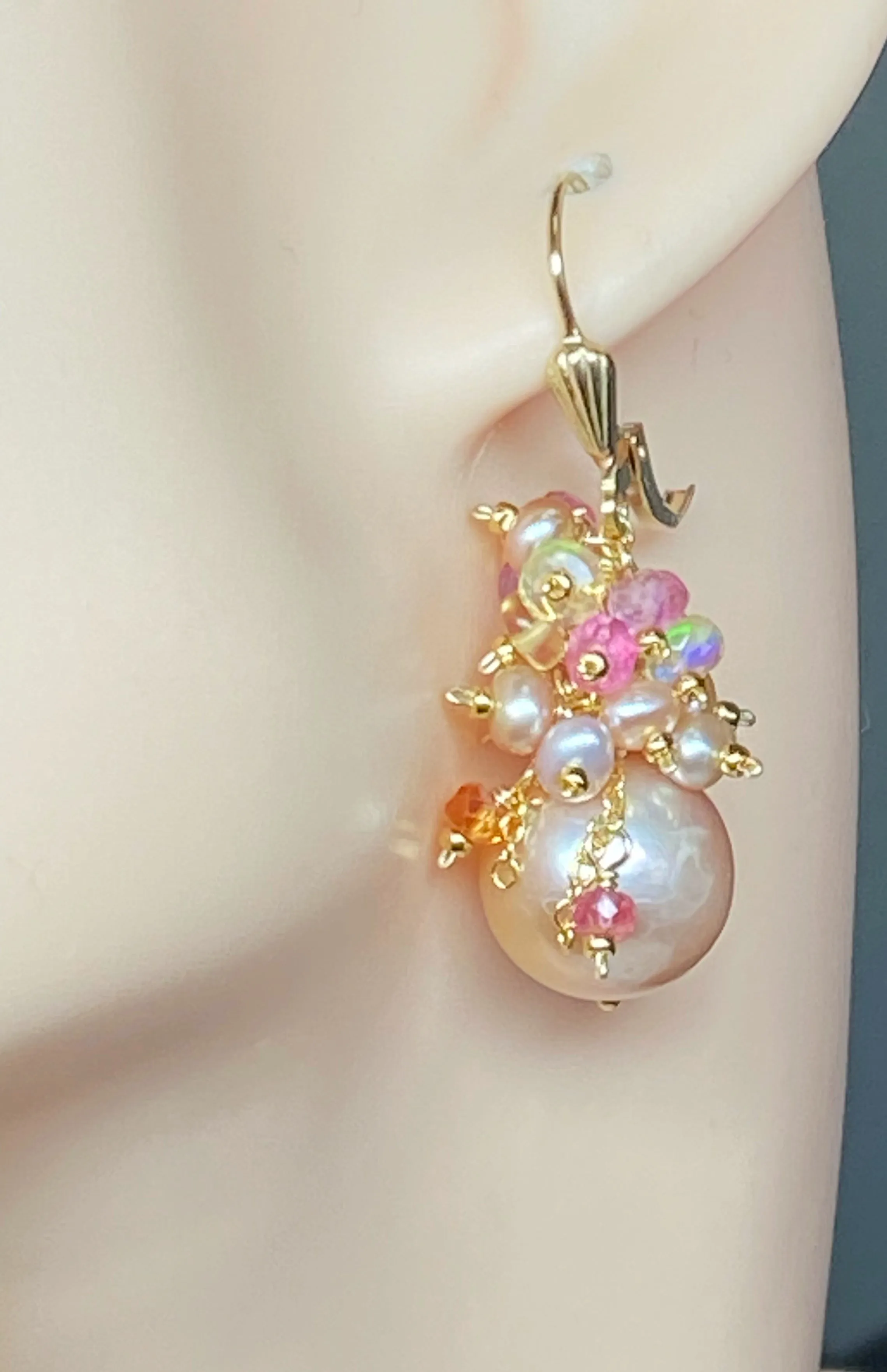 Pink Round Pearl and Gem Cluster Wedding Earrings