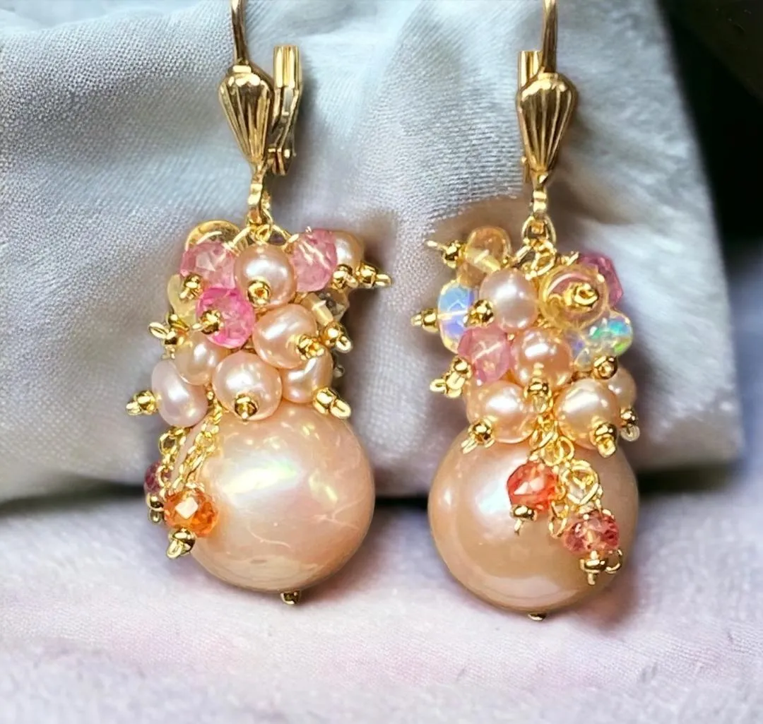 Pink Round Pearl and Gem Cluster Wedding Earrings
