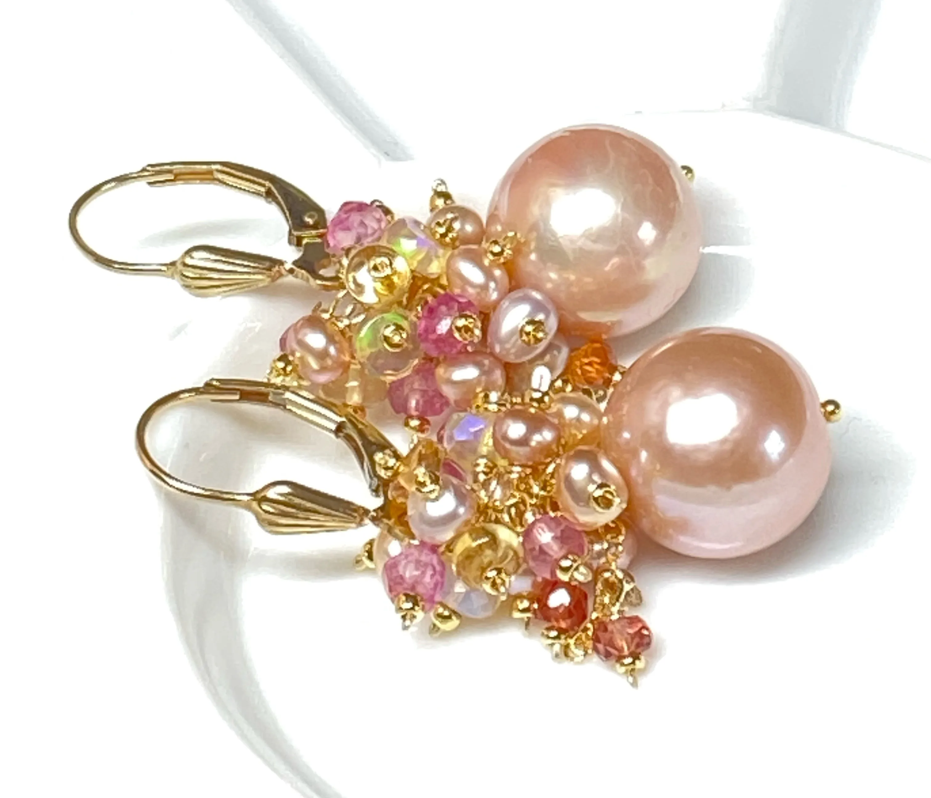 Pink Round Pearl and Gem Cluster Wedding Earrings