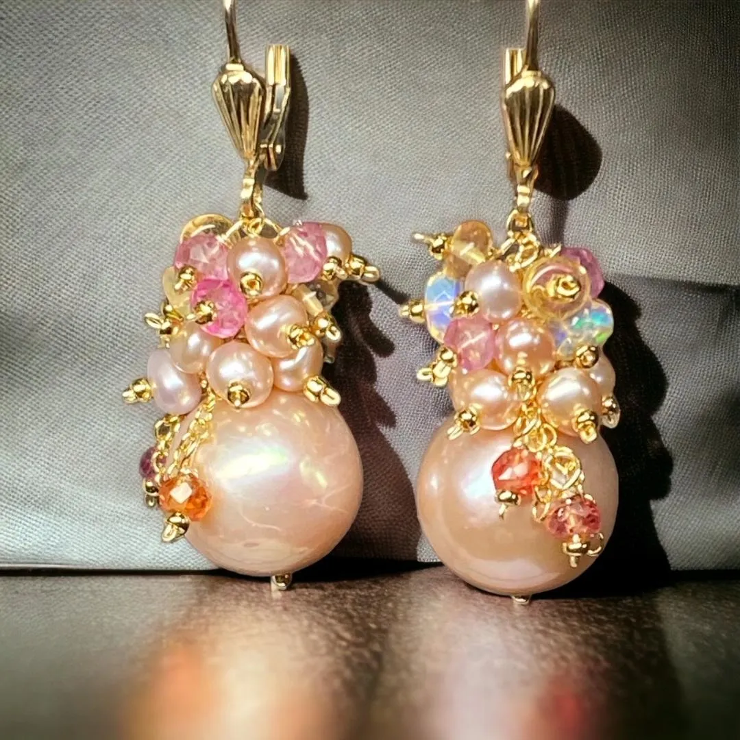 Pink Round Pearl and Gem Cluster Wedding Earrings