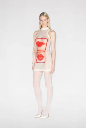 Piper Bold Lips Mesh Mini Dress - White/Red