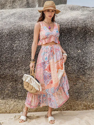 Playful Print Boho Style V-Neck Top and Midi Skirt Set