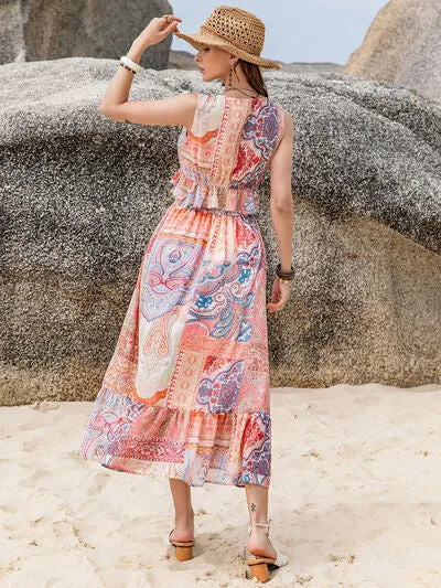 Playful Print Boho Style V-Neck Top and Midi Skirt Set