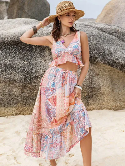 Playful Print Boho Style V-Neck Top and Midi Skirt Set