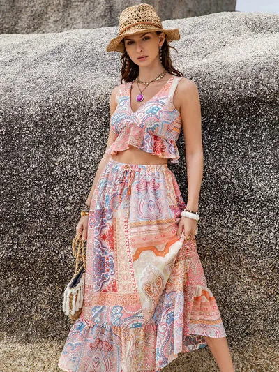 Playful Print Boho Style V-Neck Top and Midi Skirt Set