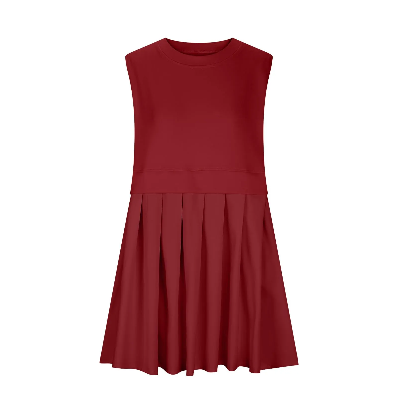 Pleated Round Neck Sleeveless Mini Dress