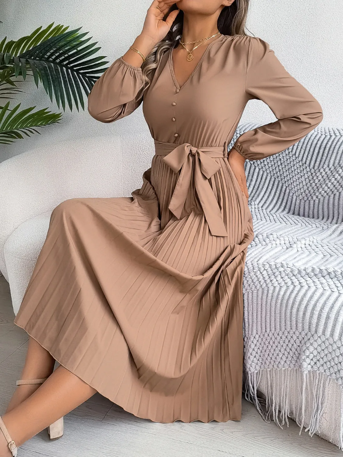 Pleated Tied V-Neck Long Sleeve Dress
