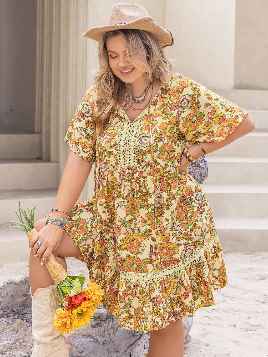 Plus Size Boho Printed Tie Neck Short Sleeve Mini Dress
