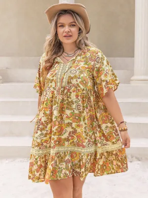Plus Size Boho Printed Tie Neck Short Sleeve Mini Dress
